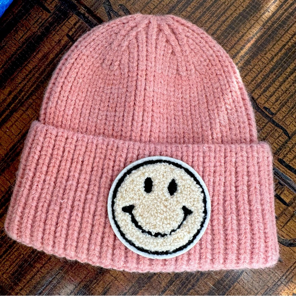 Pink knit happy beanie